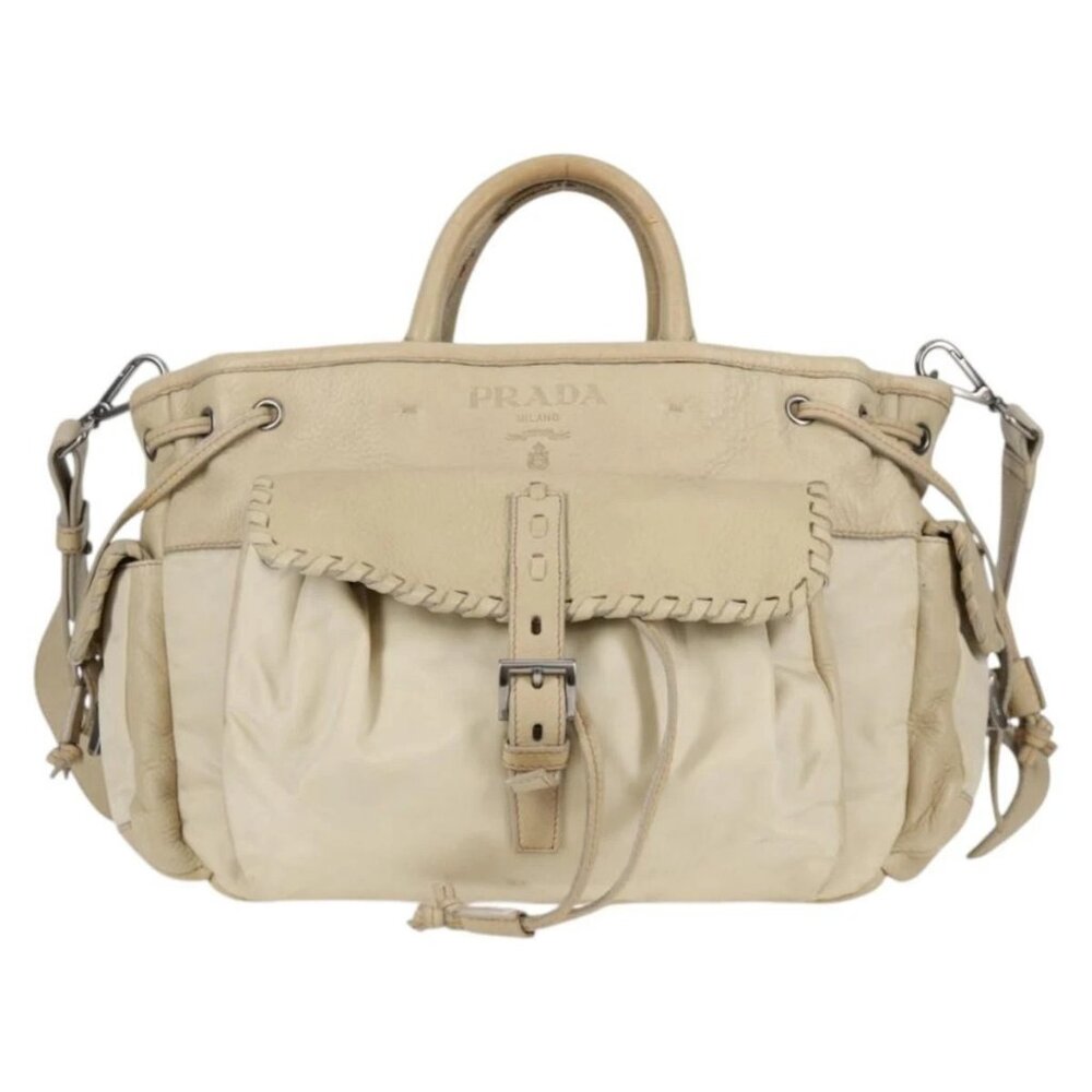 PRADA Hand Bag Leather 2way Beige Silver Auth